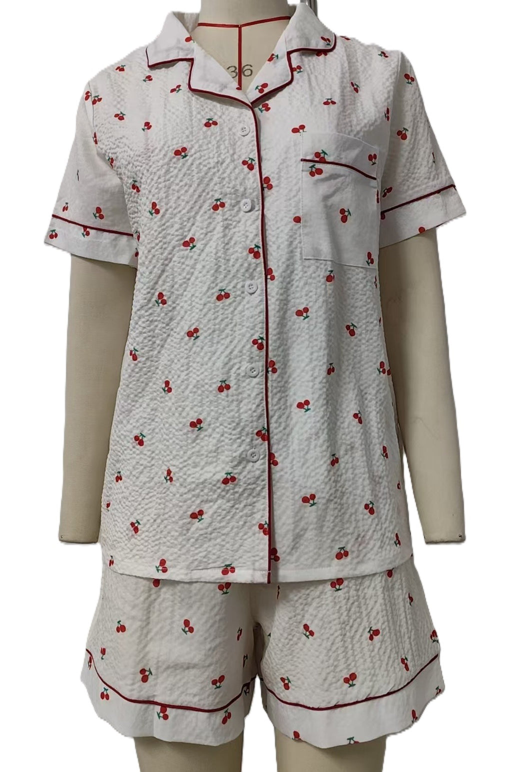 Cherry Print Short Sleeve Pajama Set - White - 1