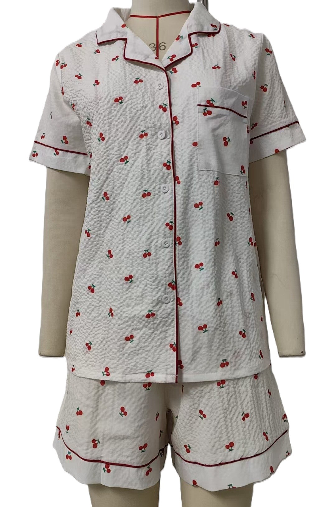 Cherry Print Short Sleeve Pajama Set - White - 1