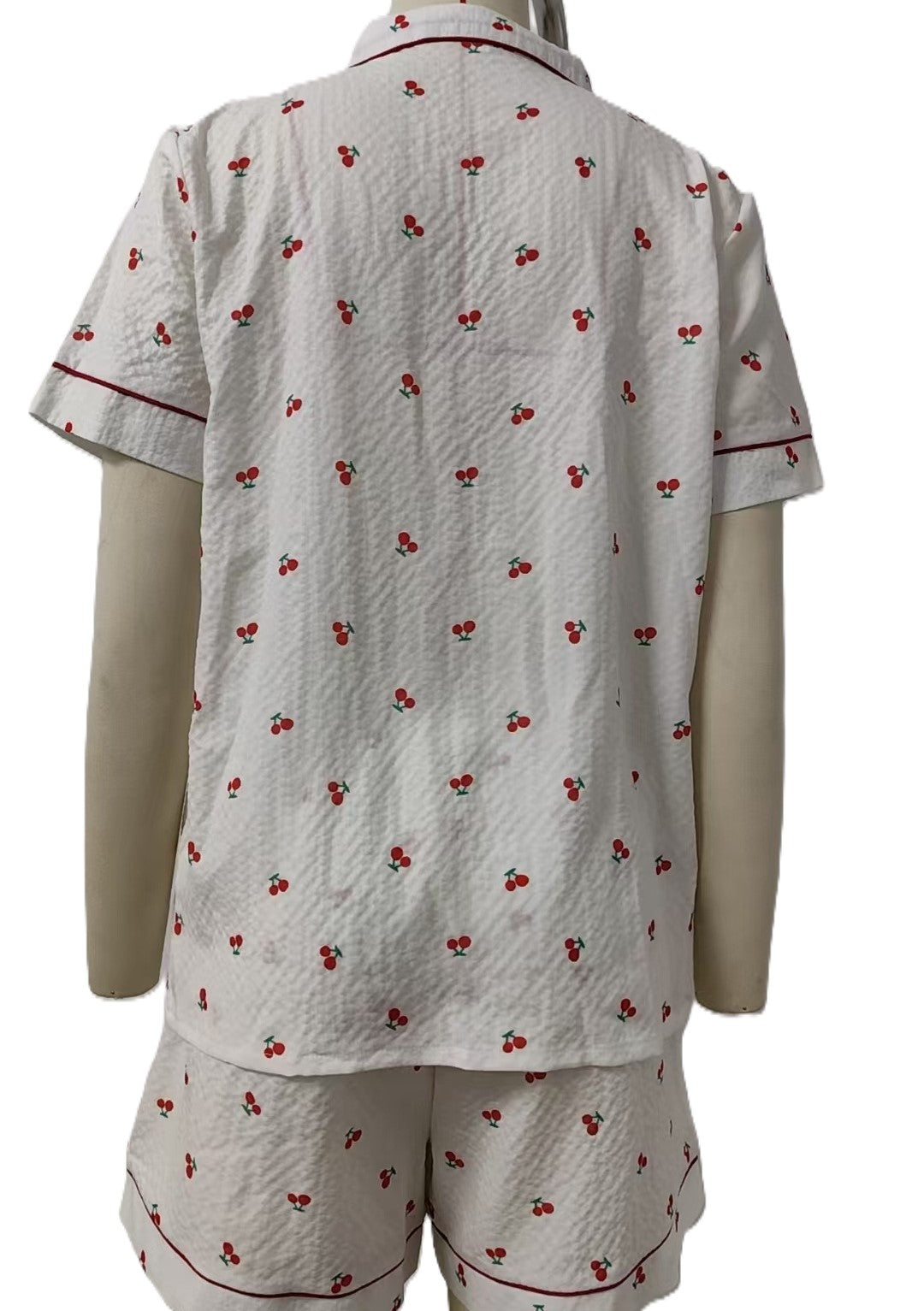 Cherry Print Short Sleeve Pajama Set - White - 2