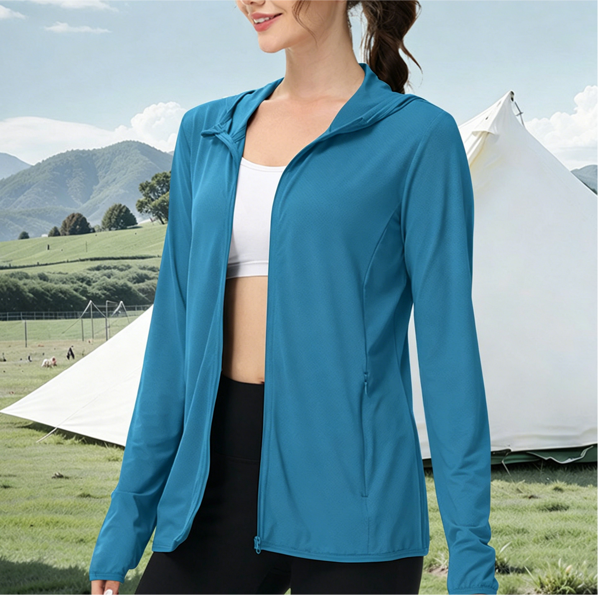 Lightweight Hooded Sun Jacket With Full Zip - Blue
