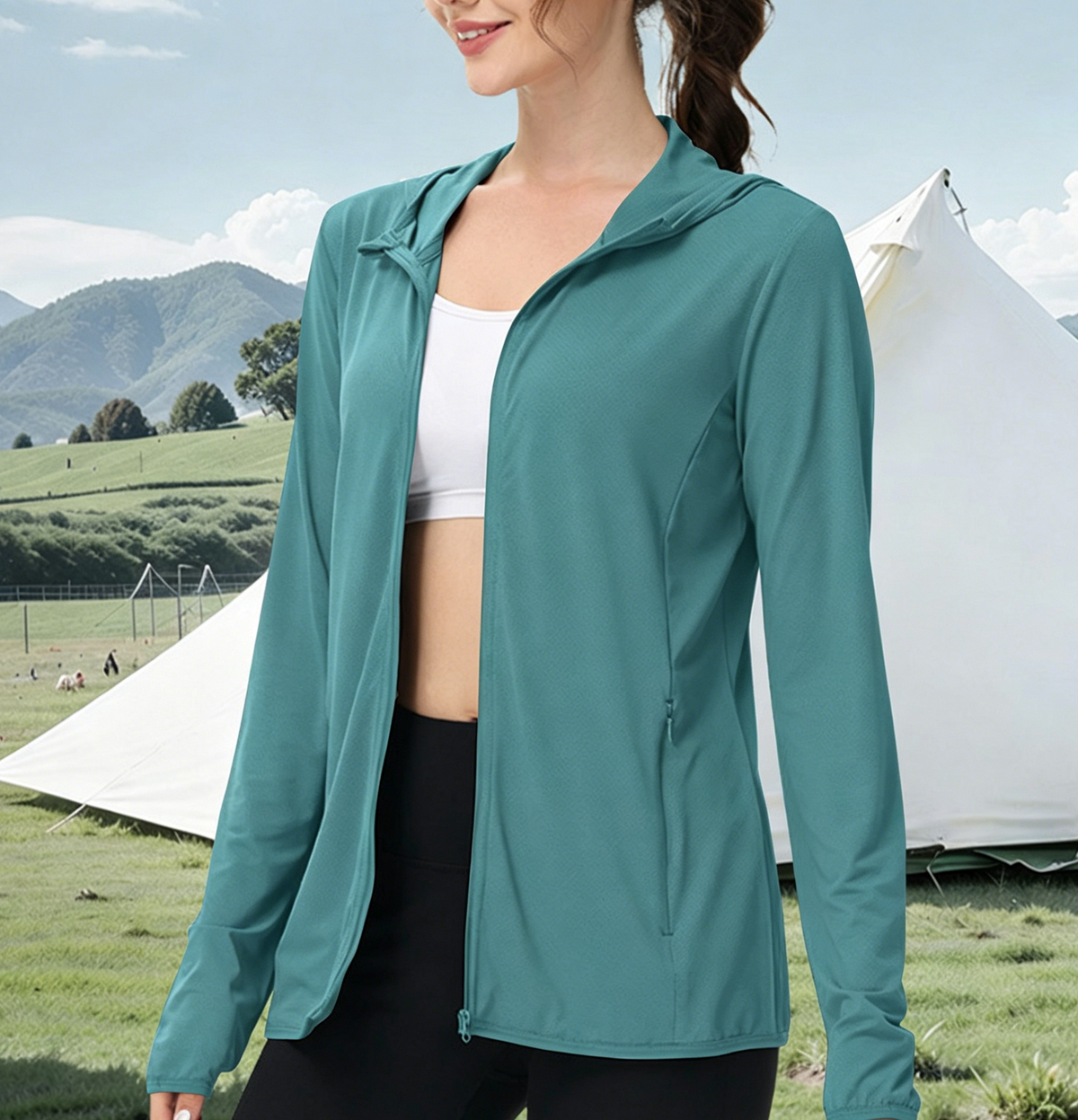 Lightweight Hooded Sun Jacket With Full Zip - DGreen - 1