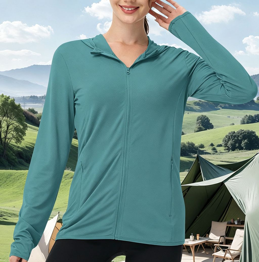 Lightweight Hooded Sun Jacket With Full Zip - DGreen - 2