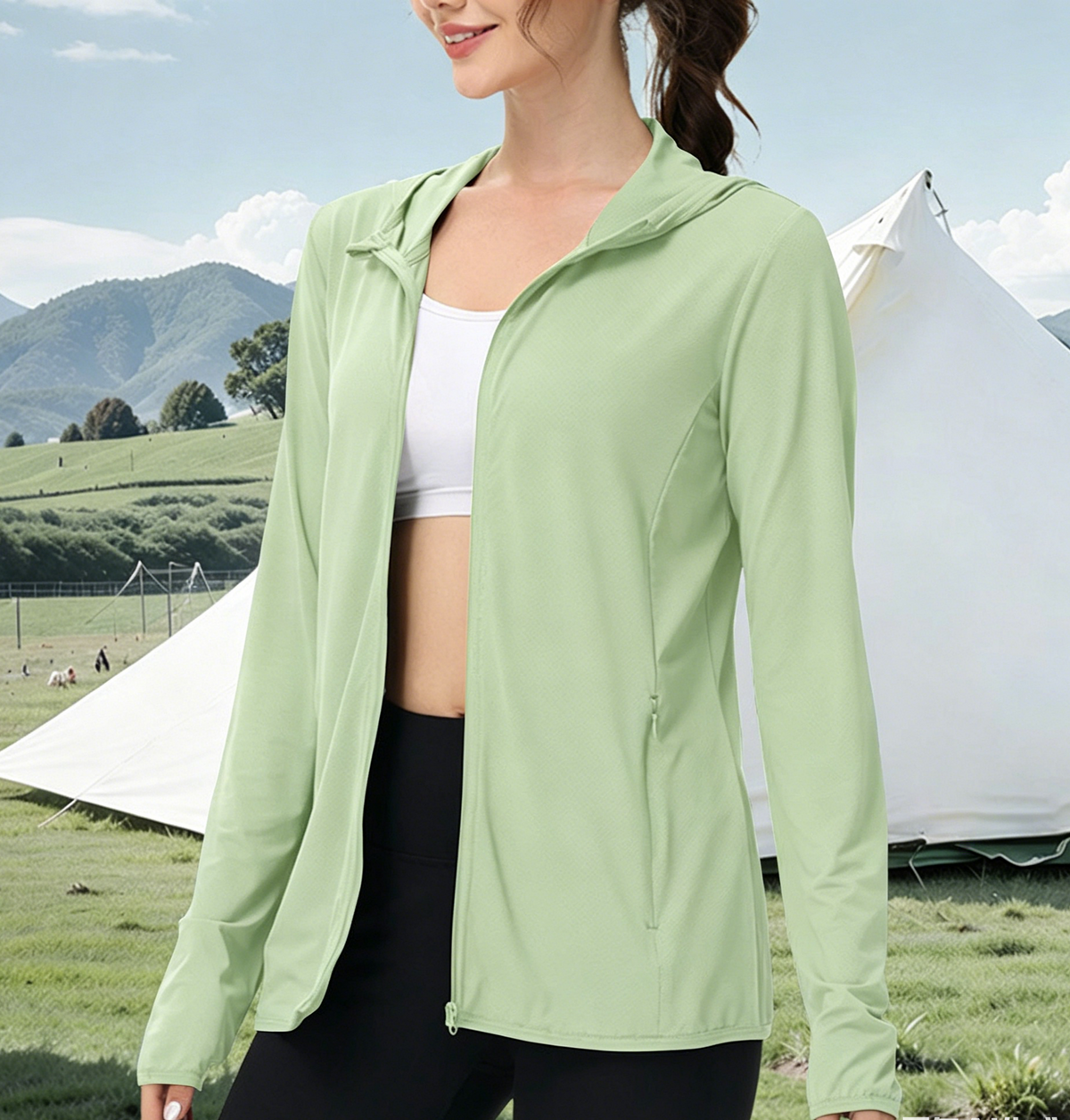Lightweight Hooded Sun Jacket With Full Zip - Green - 2