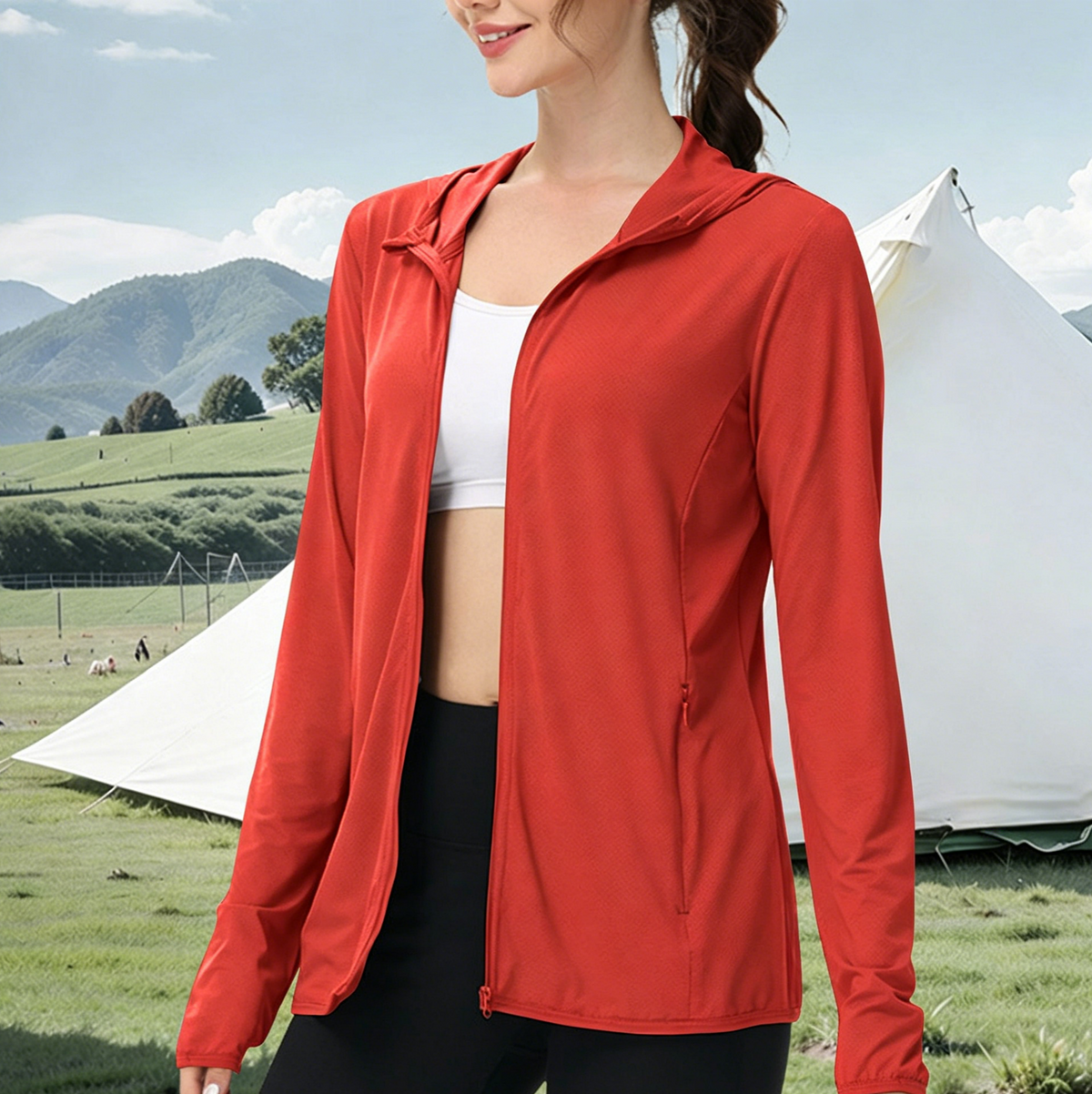 Lightweight Hooded Sun Jacket With Full Zip - Red