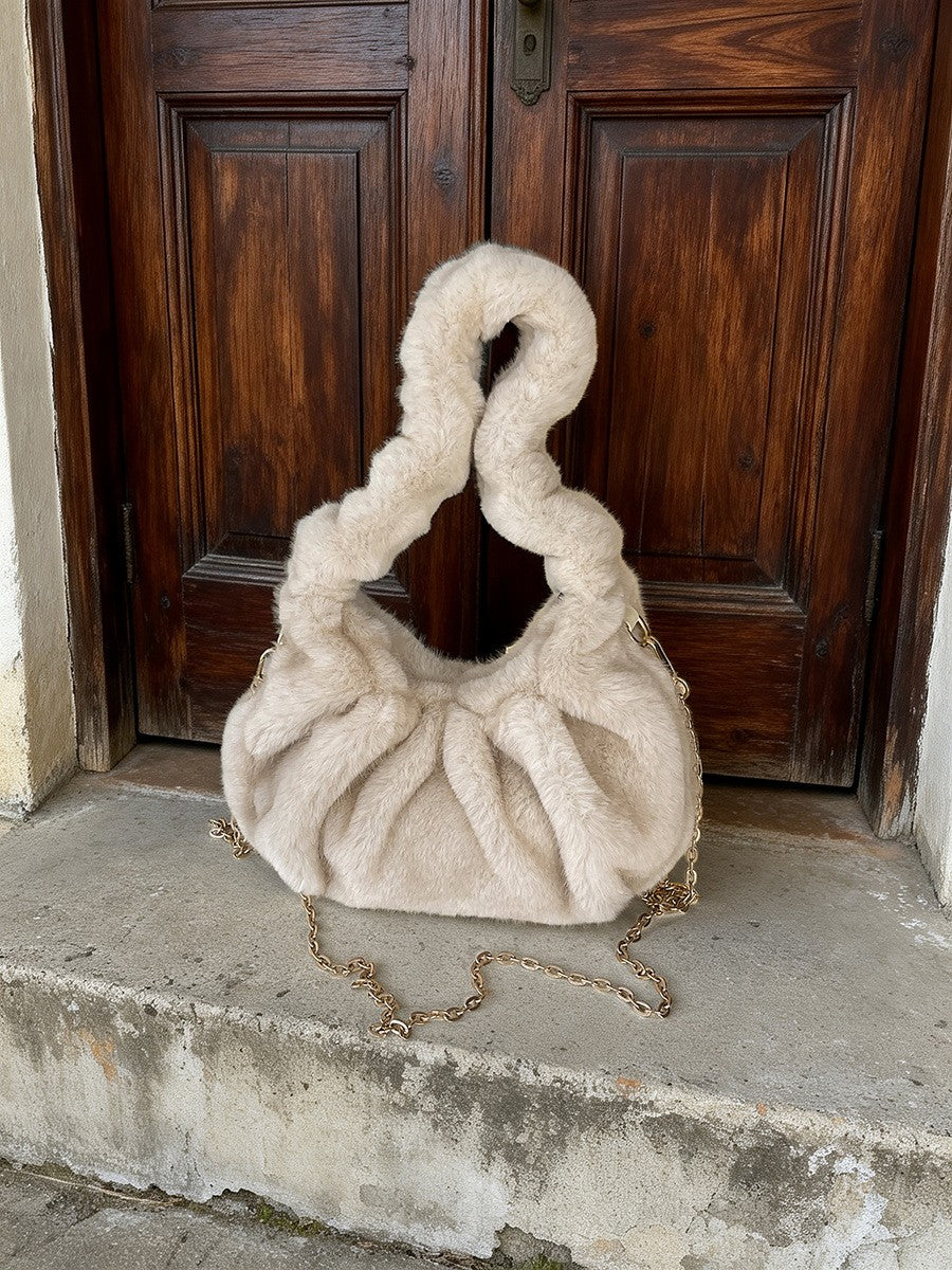 Ruched Faux Fur Hobo Bag with Chain Strap - Cream