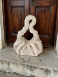 Ruched Faux Fur Hobo Bag with Chain Strap - Cream