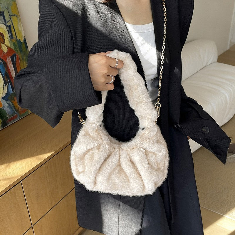 Ruched Faux Fur Hobo Bag with Chain Strap