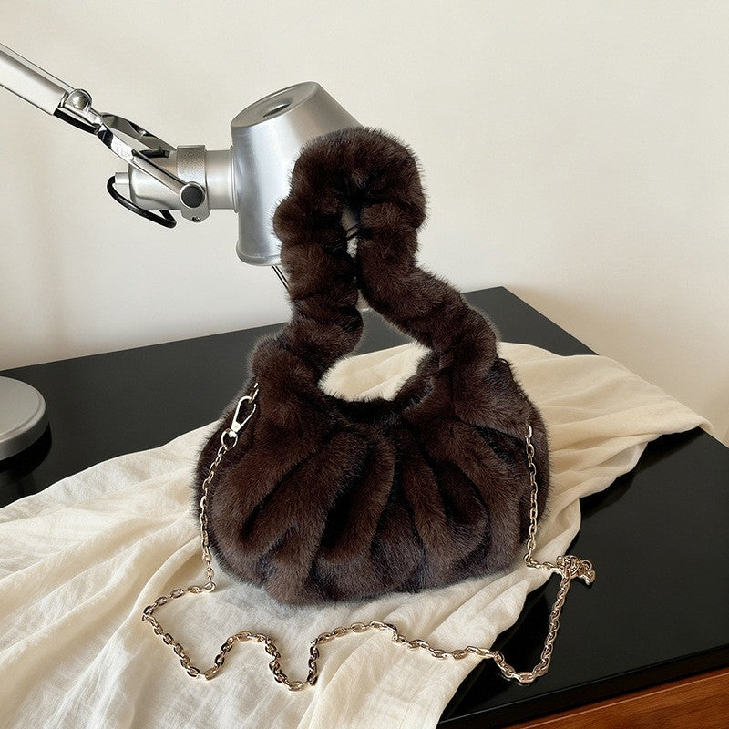 Ruched Faux Fur Hobo Bag with Chain Strap