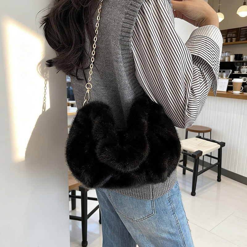 Ruched Faux Fur Hobo Bag with Chain Strap
