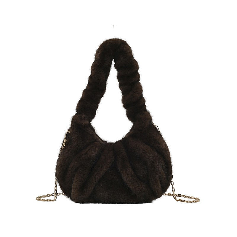 Ruched Faux Fur Hobo Bag with Chain Strap