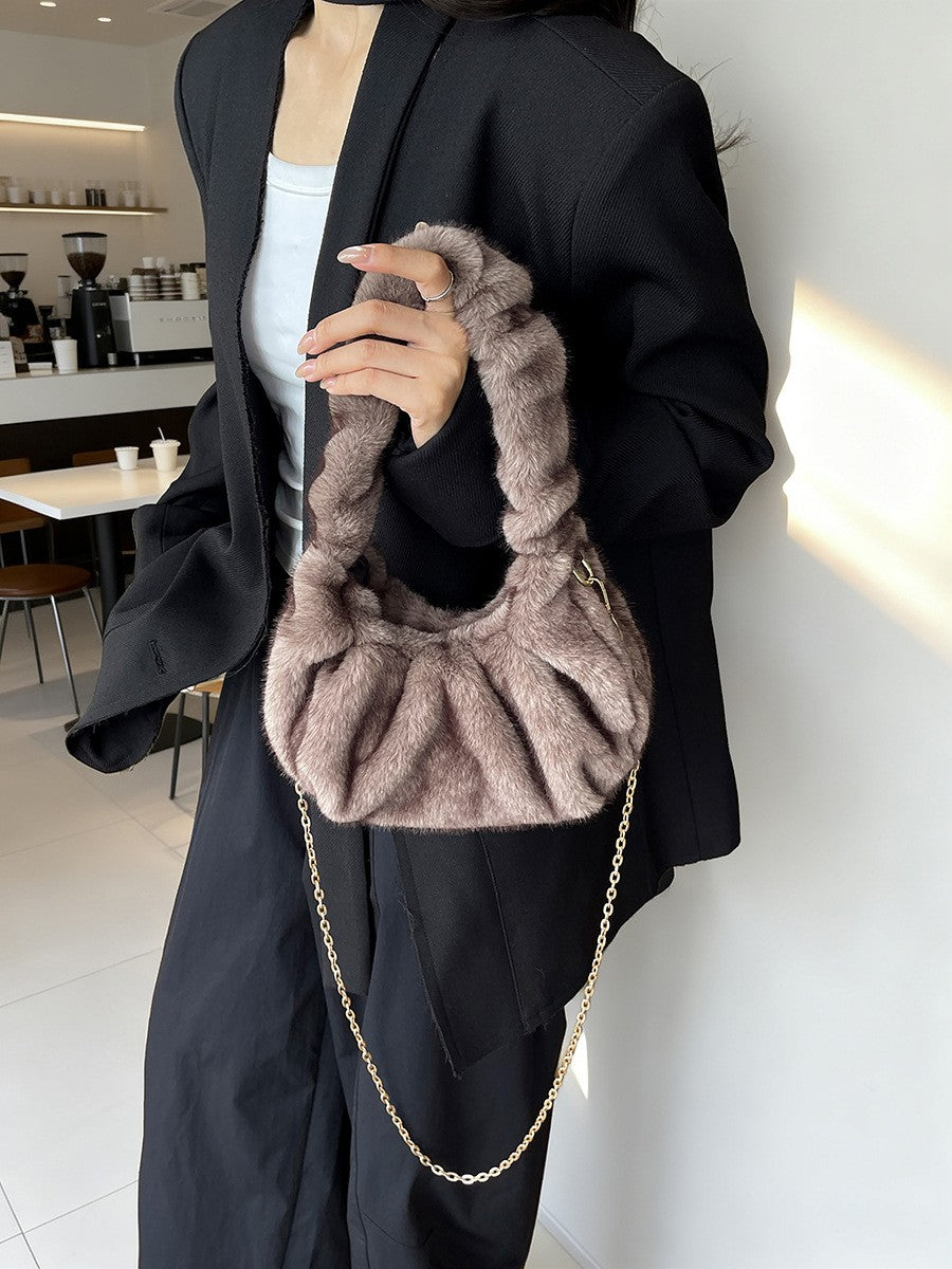 Ruched Faux Fur Hobo Bag with Chain Strap