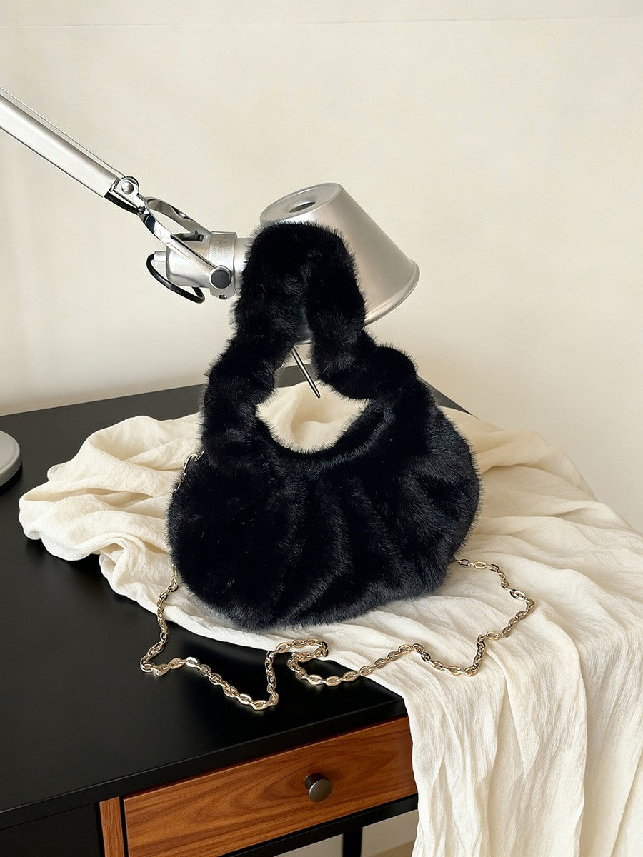 Ruched Faux Fur Hobo Bag with Chain Strap