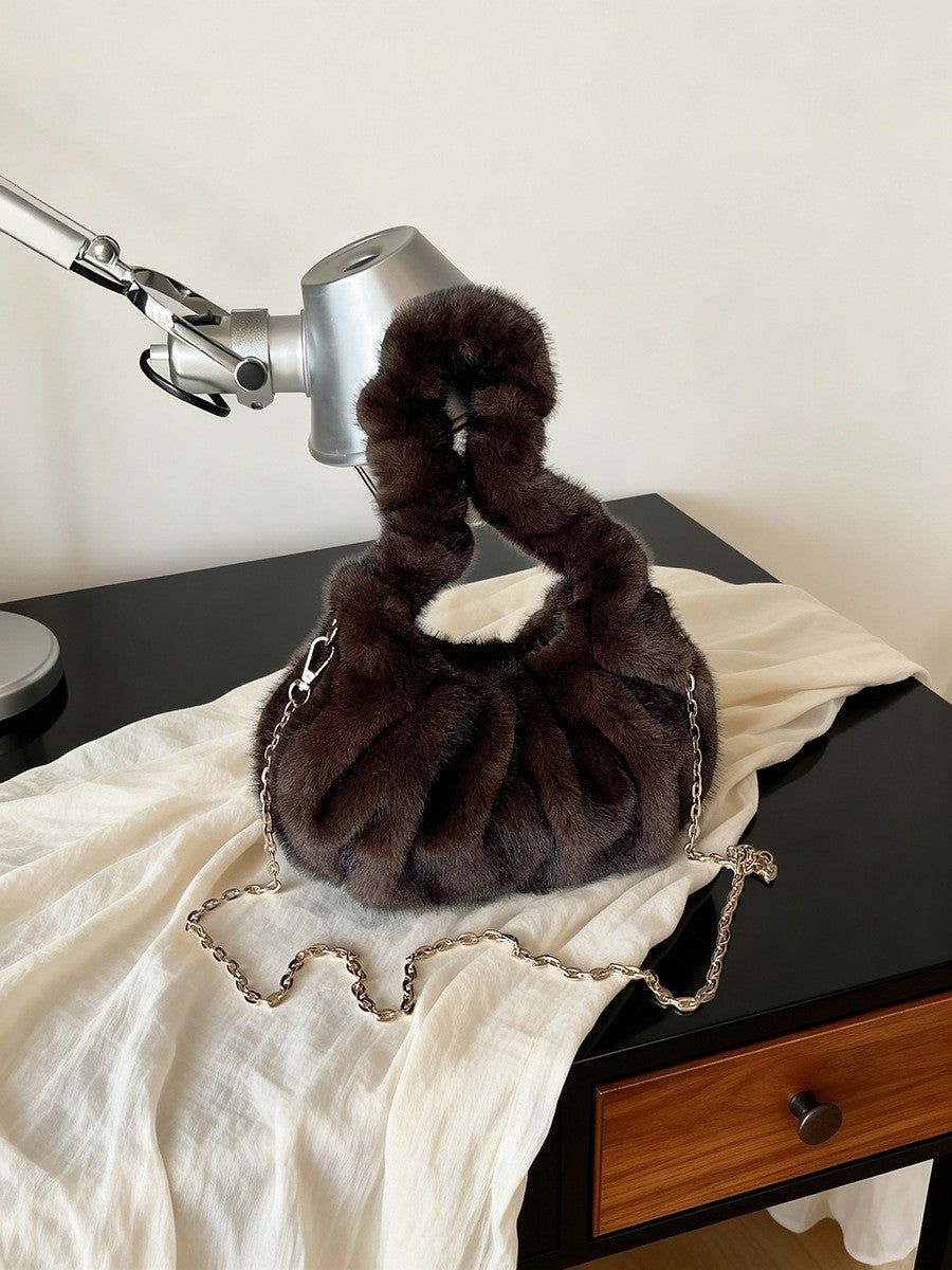 Ruched Faux Fur Hobo Bag with Chain Strap