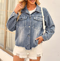 Pearl Beaded Drop Shoulder Denim Jacket - Blue