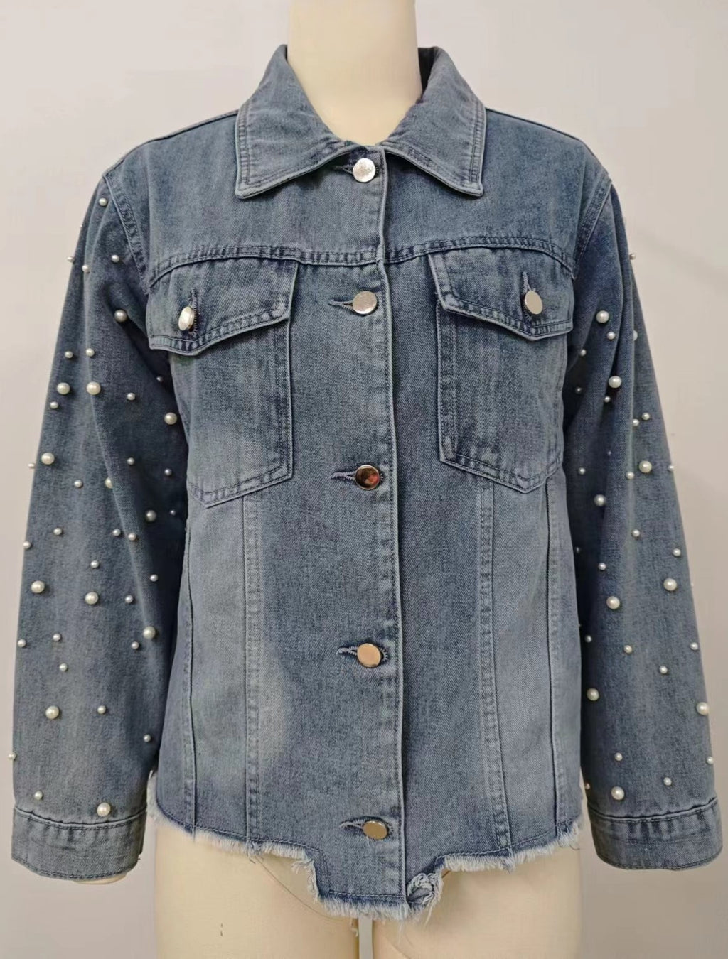 Pearl Beaded Drop Shoulder Denim Jacket - Blue - 1