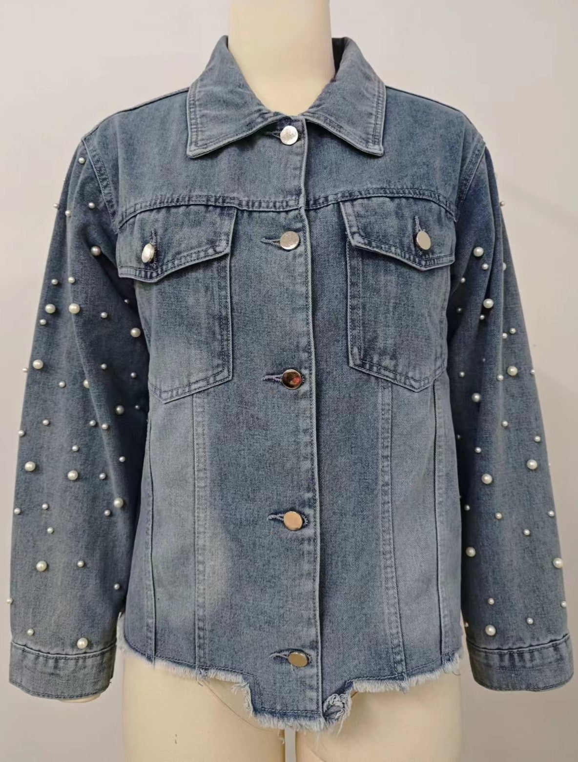 Pearl Beaded Drop Shoulder Denim Jacket - Blue - 1