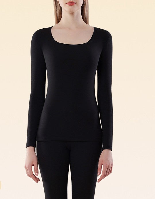 Scoop Neck Thermal Long Sleeve Layering Top - Black