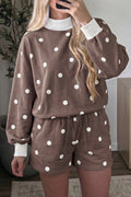 Polka Dot Contrast Cuff Pullover and Shorts Set - Brown