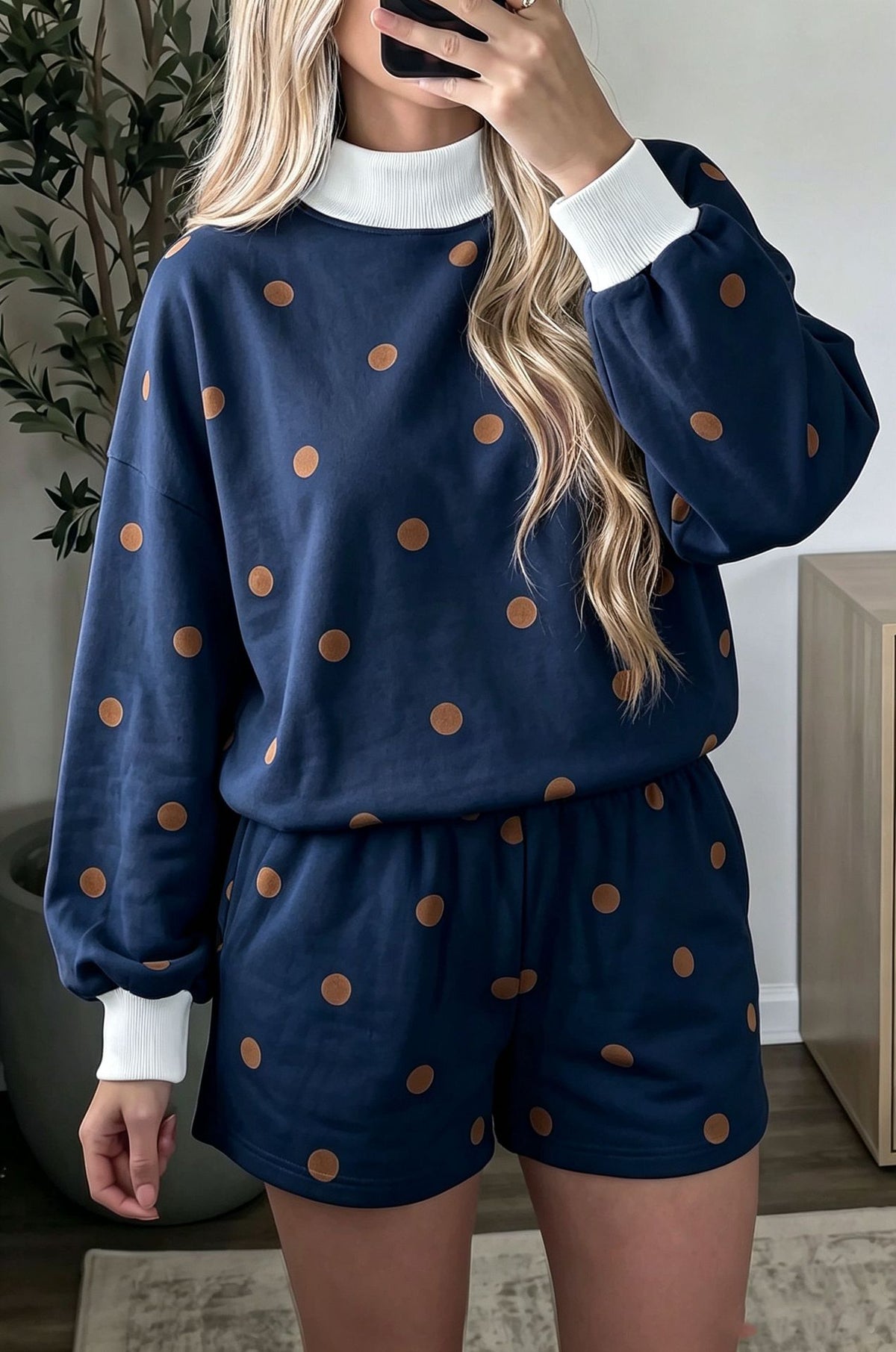 Polka Dot Contrast Cuff Pullover and Shorts Set - Navy