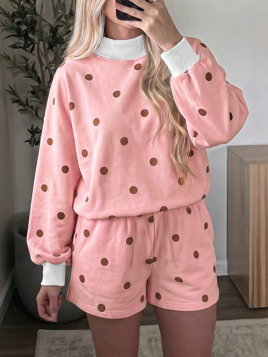 Polka Dot Contrast Cuff Pullover and Shorts Set - Pink