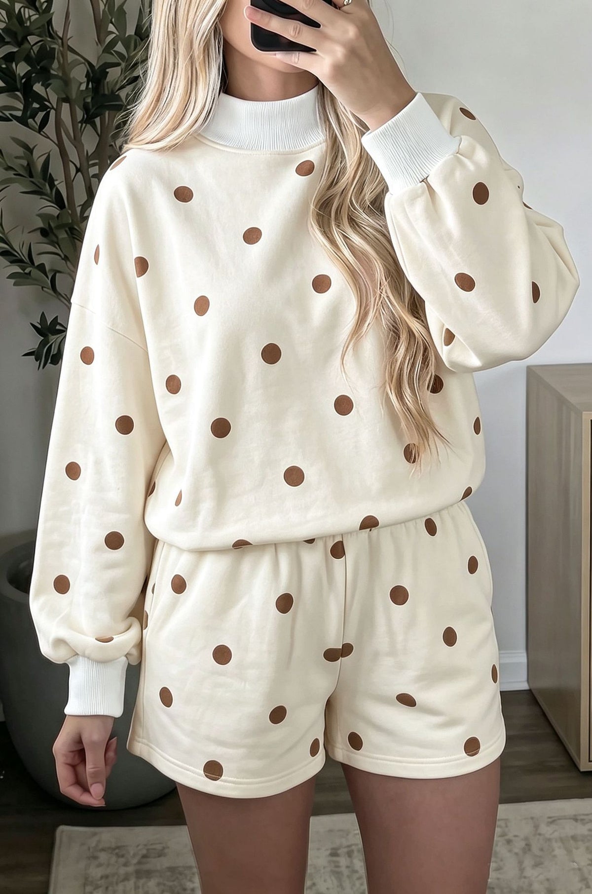 Polka Dot Contrast Cuff Pullover and Shorts Set - White