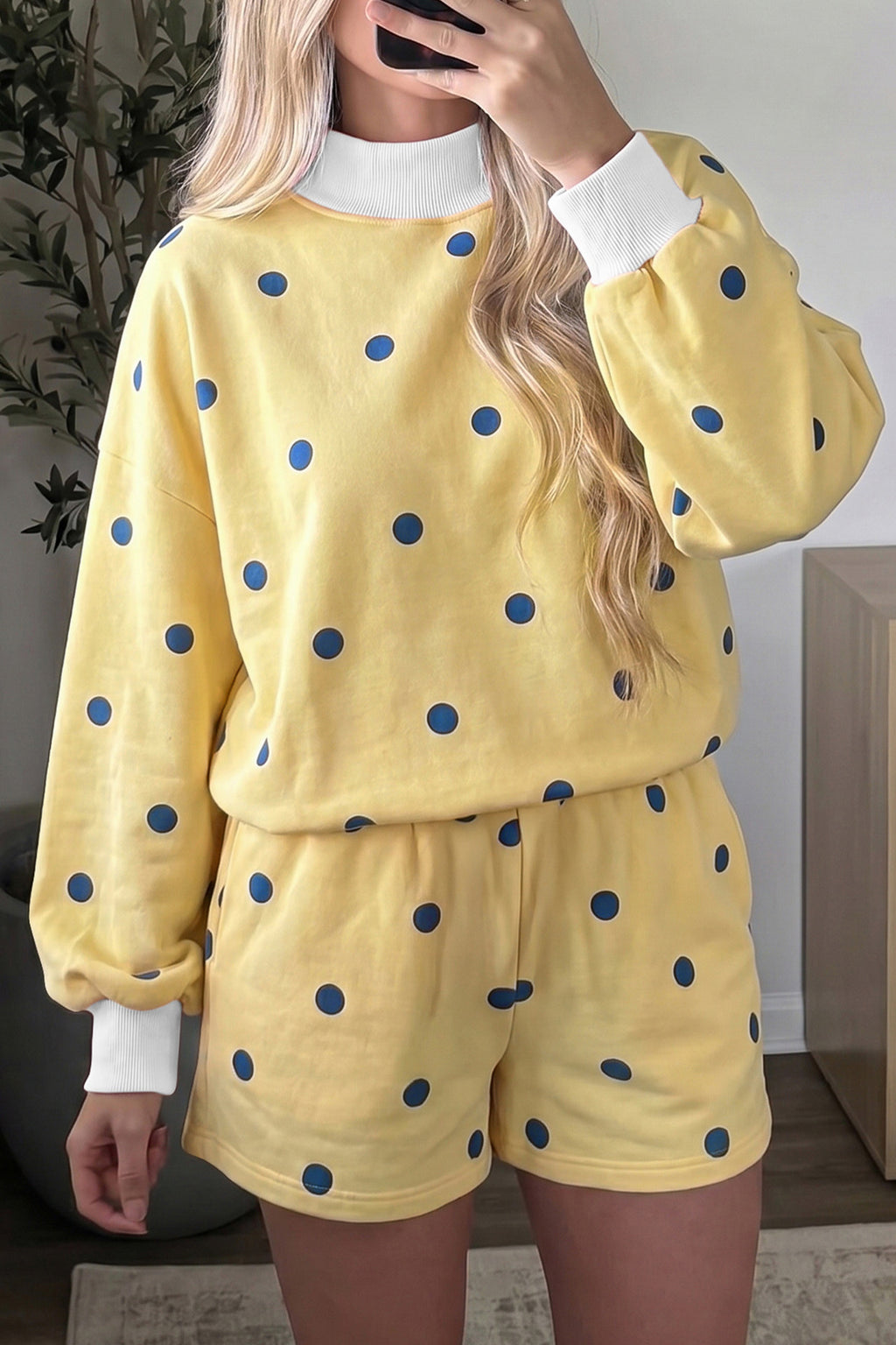 Polka Dot Contrast Cuff Pullover and Shorts Set - Yellow