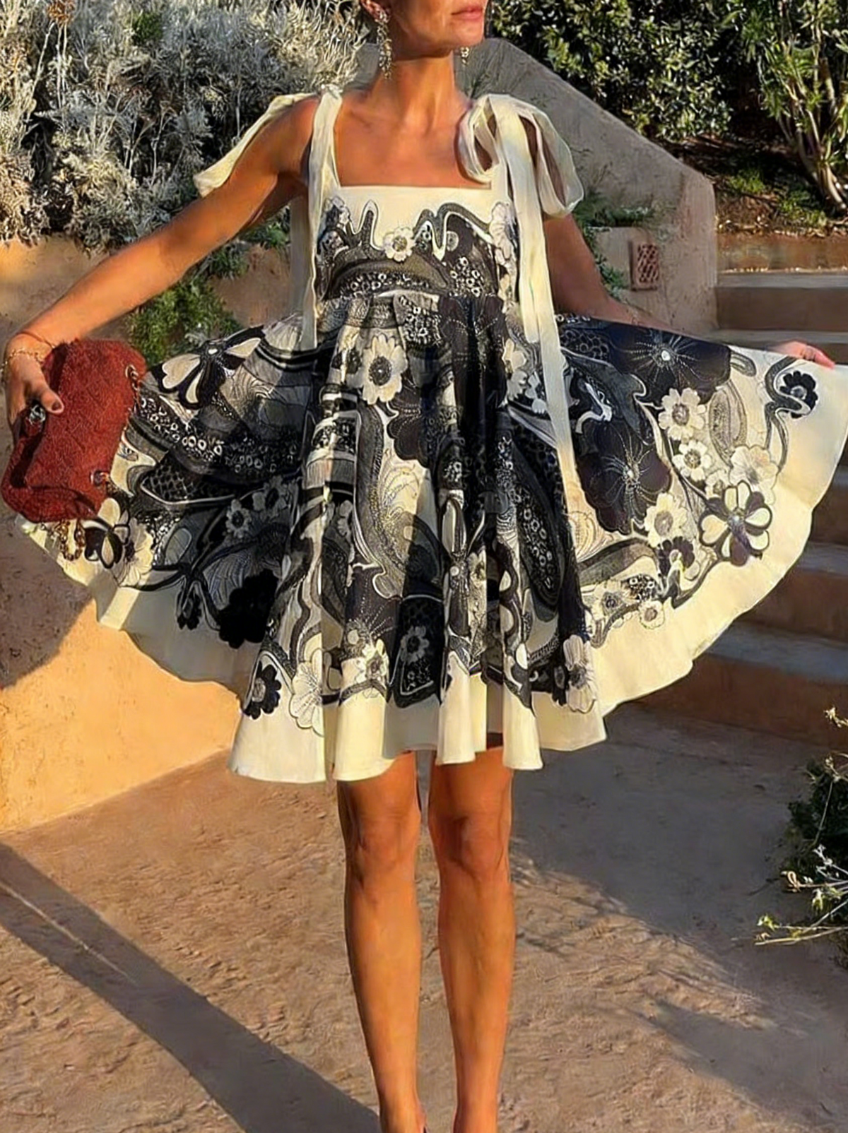 Scarf Print Tie Strap Mini Dress - Black