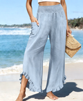 Shirred Waist Trousers With Frilled Hem - Blue