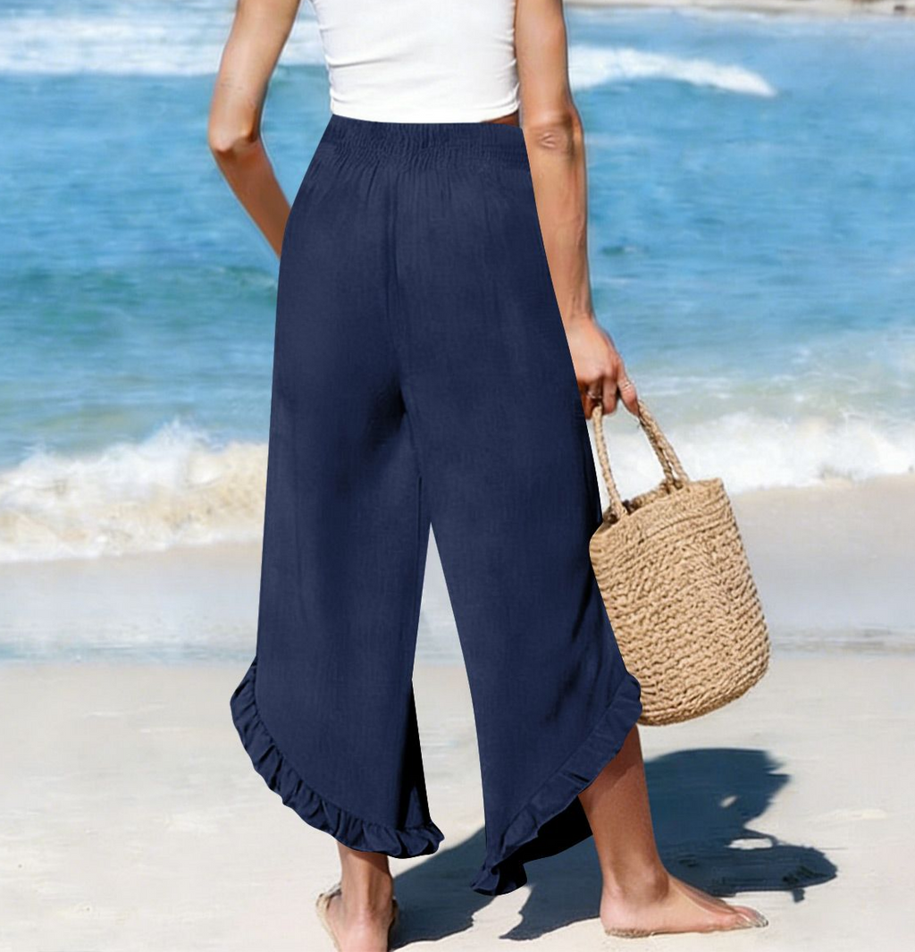 Shirred Waist Trousers With Frilled Hem - NavyBlue - 1