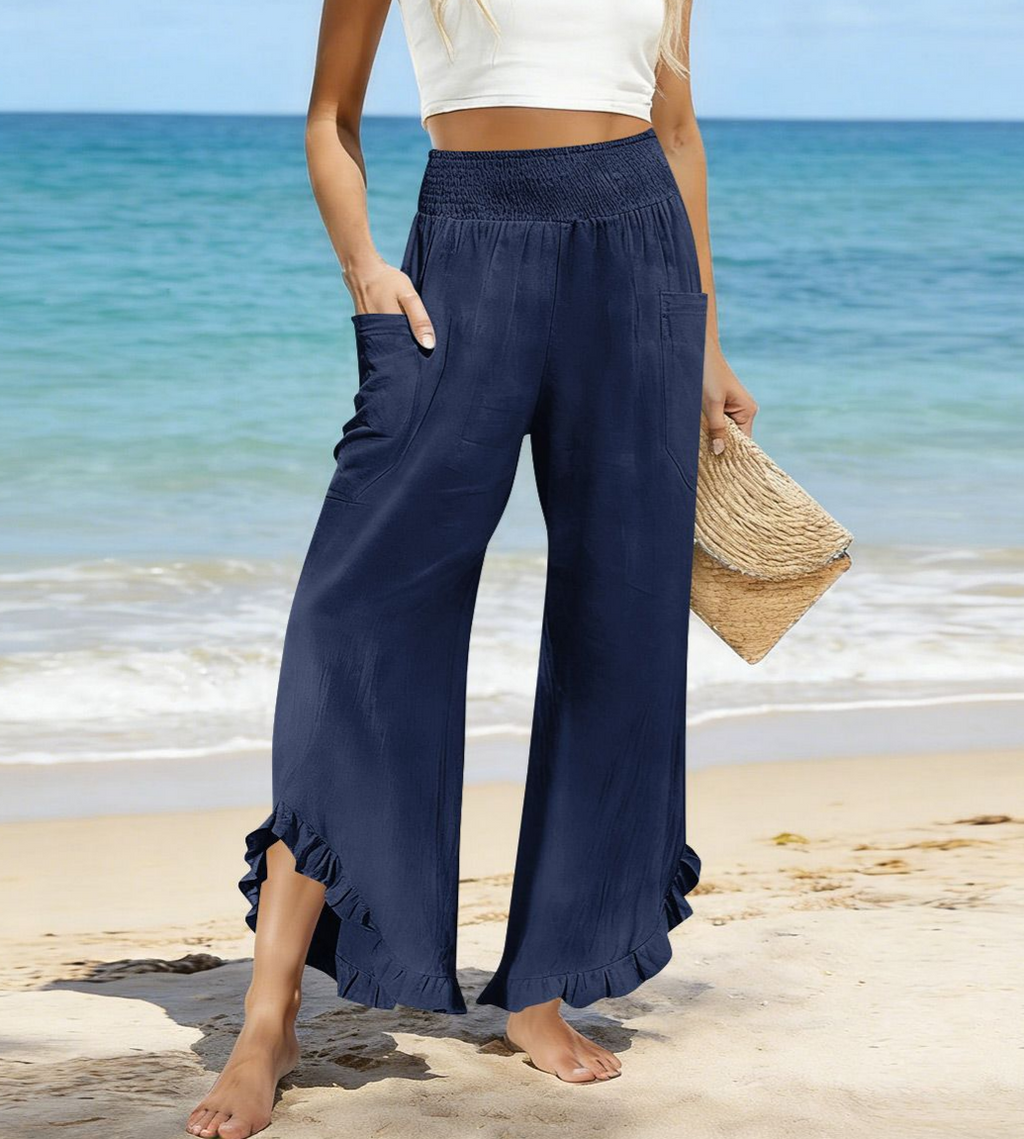 Shirred Waist Trousers With Frilled Hem - NavyBlue - 2