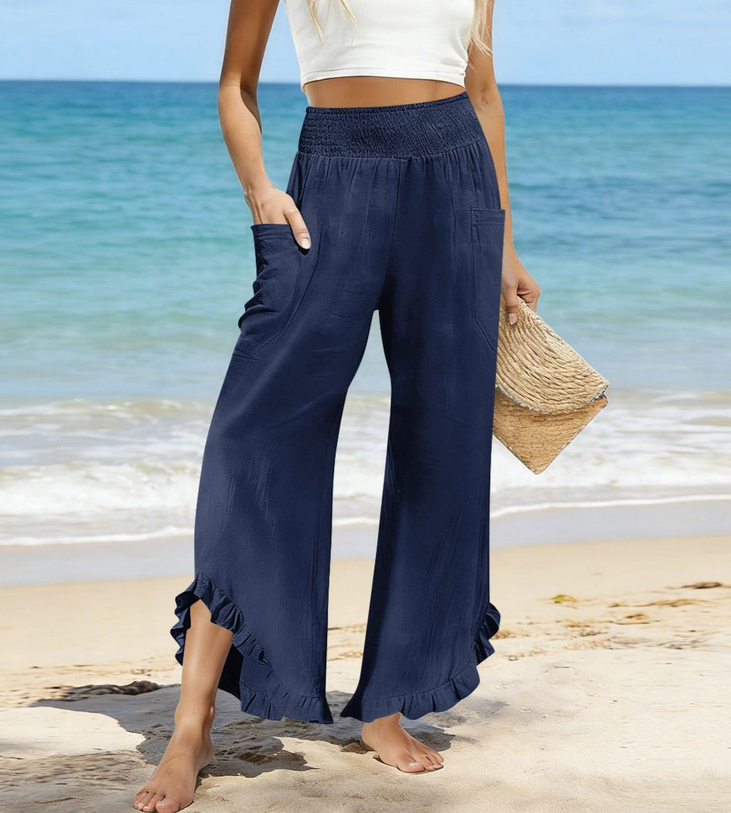 Shirred Waist Trousers With Frilled Hem - NavyBlue - 2