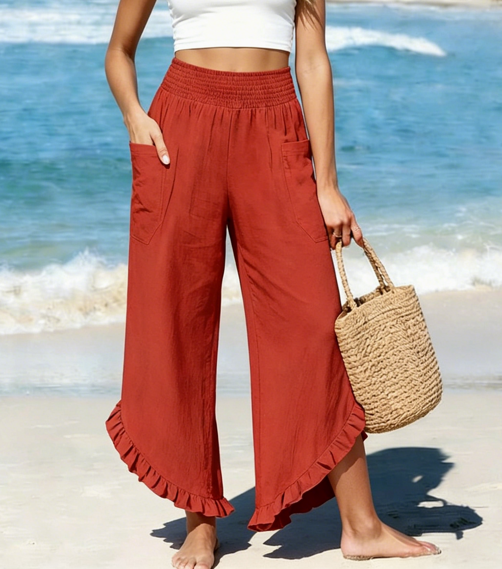 Shirred Waist Trousers With Frilled Hem - Red