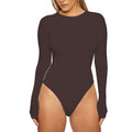 Crew Neck Long Sleeve Thong Bodysuit - Brown