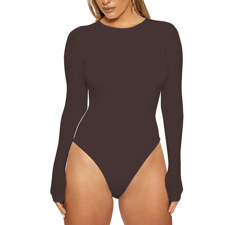 Crew Neck Long Sleeve Thong Bodysuit - Brown