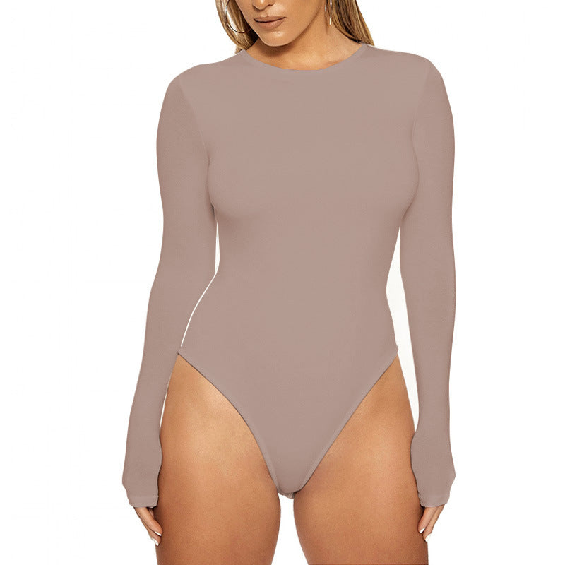 Crew Neck Long Sleeve Thong Bodysuit - Coffee