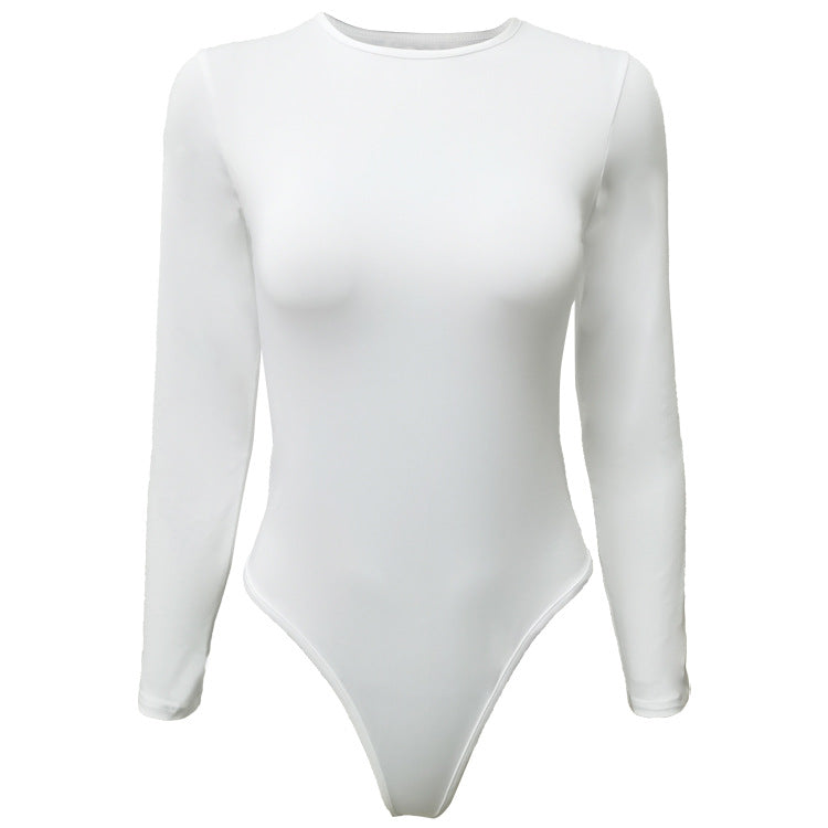 Crew Neck Long Sleeve Thong Bodysuit - White - 1