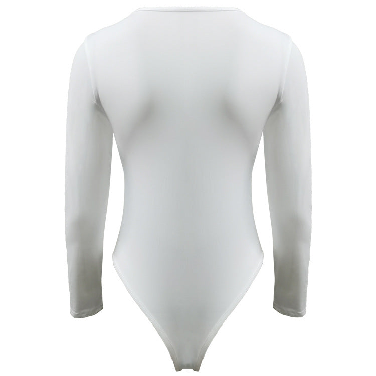 Crew Neck Long Sleeve Thong Bodysuit - White - 2