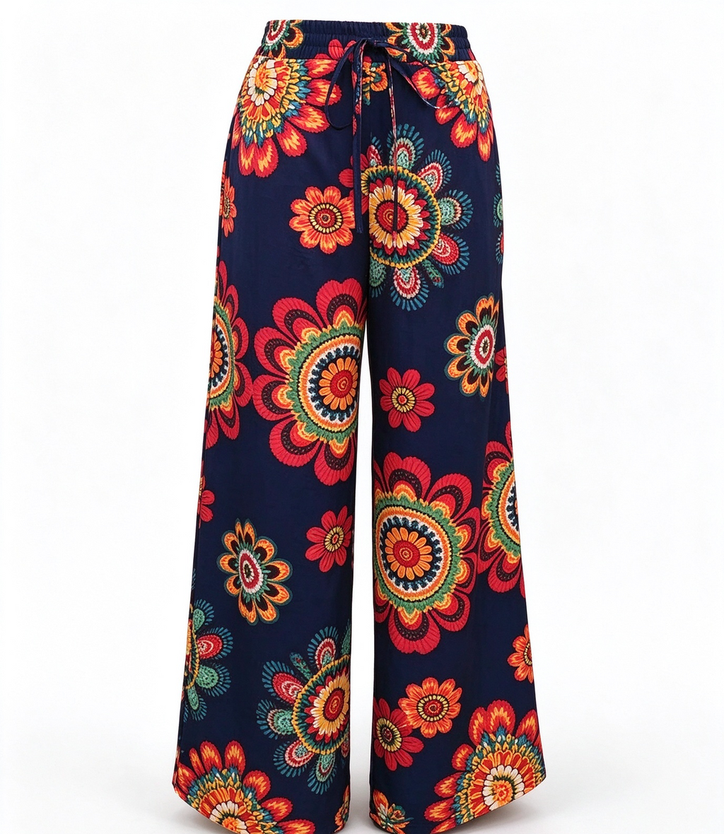Botanical Print Drawstring Waist Flowy Palazzo Pants - Blue