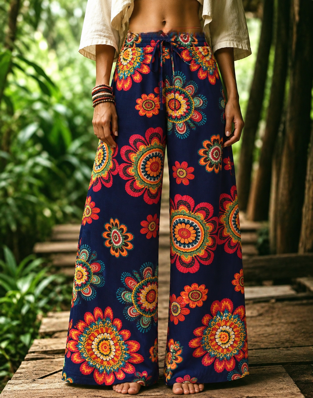 Botanical Print Drawstring Waist Flowy Palazzo Pants - Blue - 1