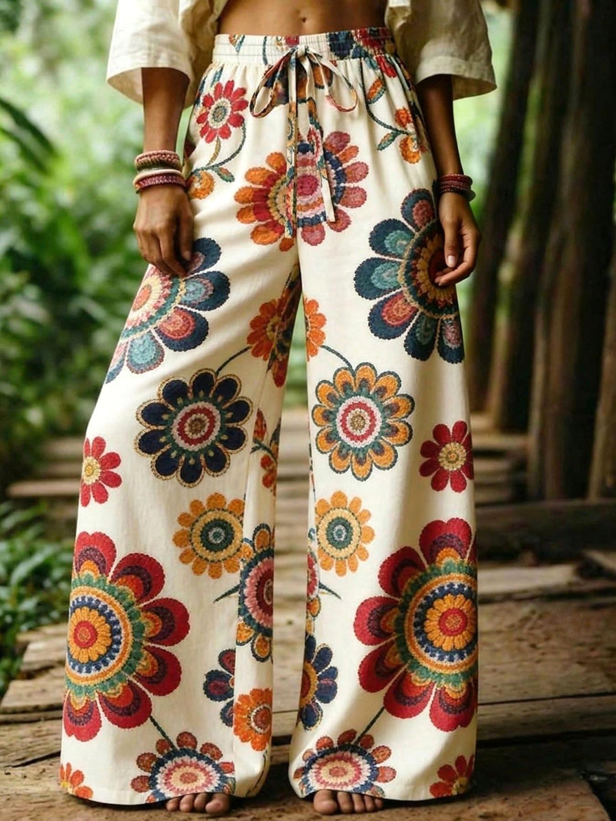 Botanical Print Drawstring Waist Flowy Palazzo Pants - Floral