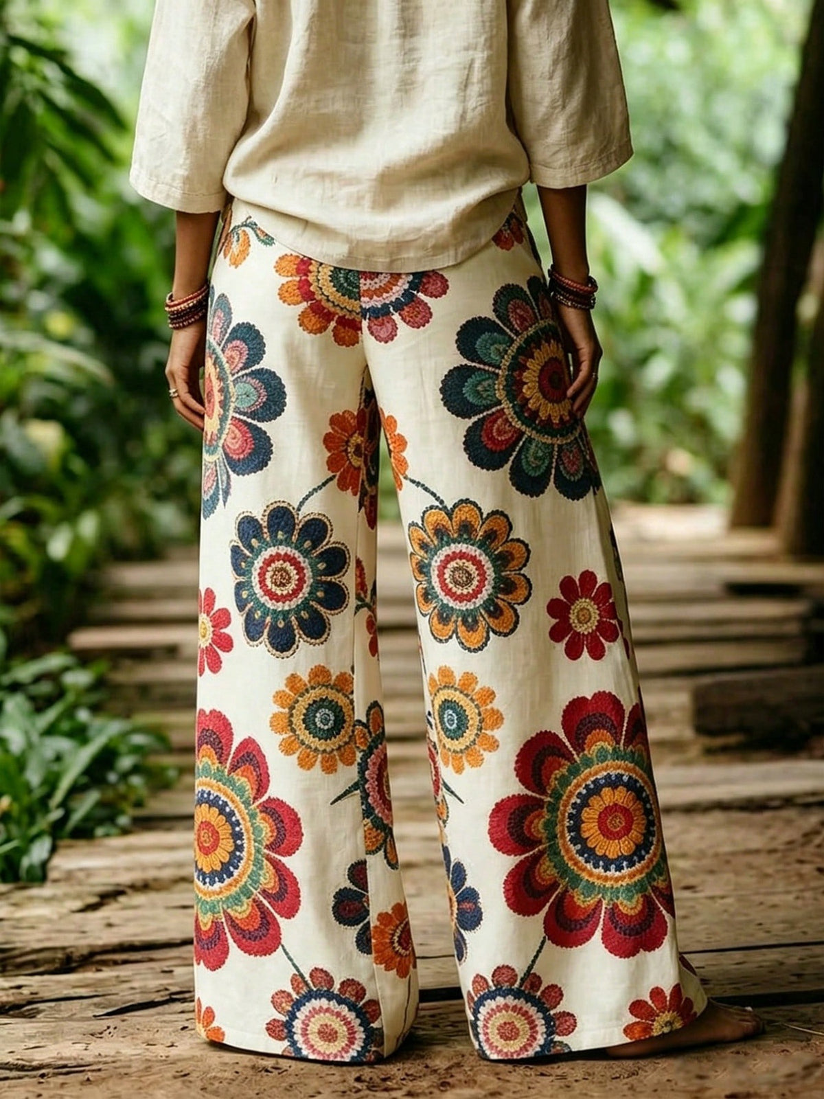 Botanical Print Drawstring Waist Flowy Palazzo Pants - Floral - 1