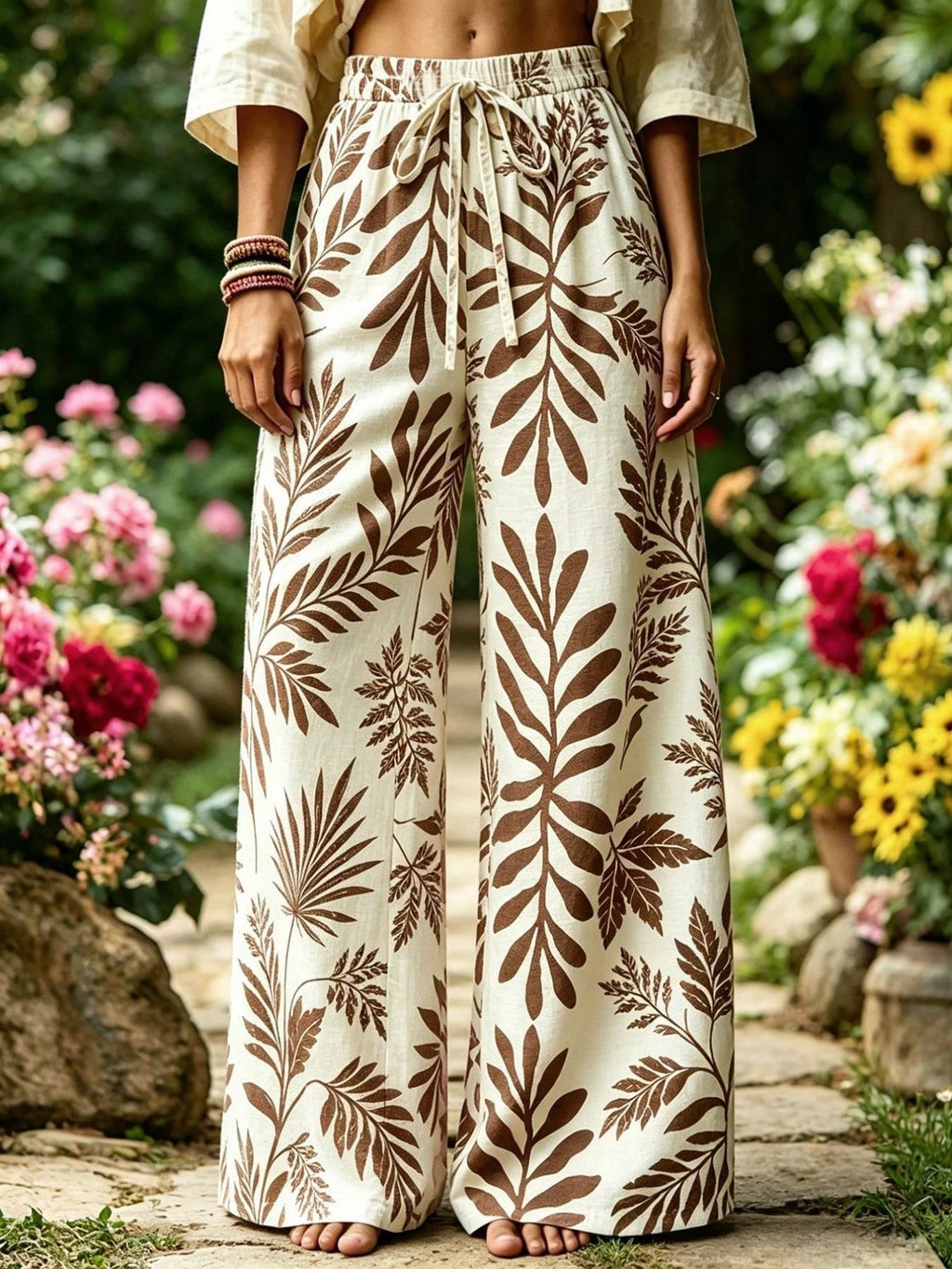 Botanical Print Drawstring Waist Flowy Palazzo Pants - Leaves - 1