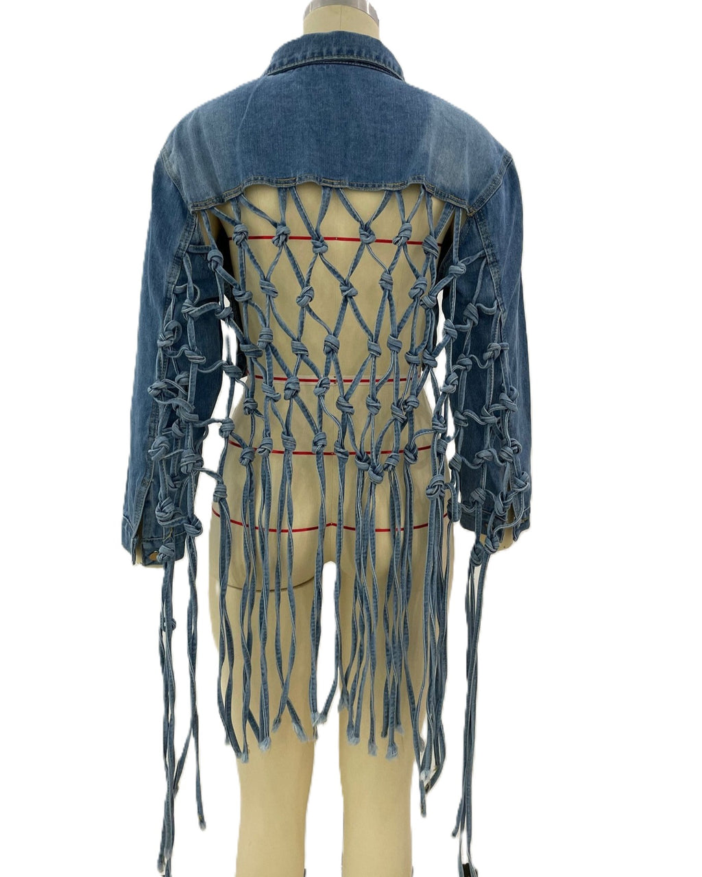 Macrame Fringe Back Cropped Denim Jacket - Blue