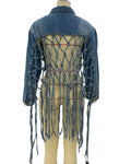Macrame Fringe Back Cropped Denim Jacket - Blue