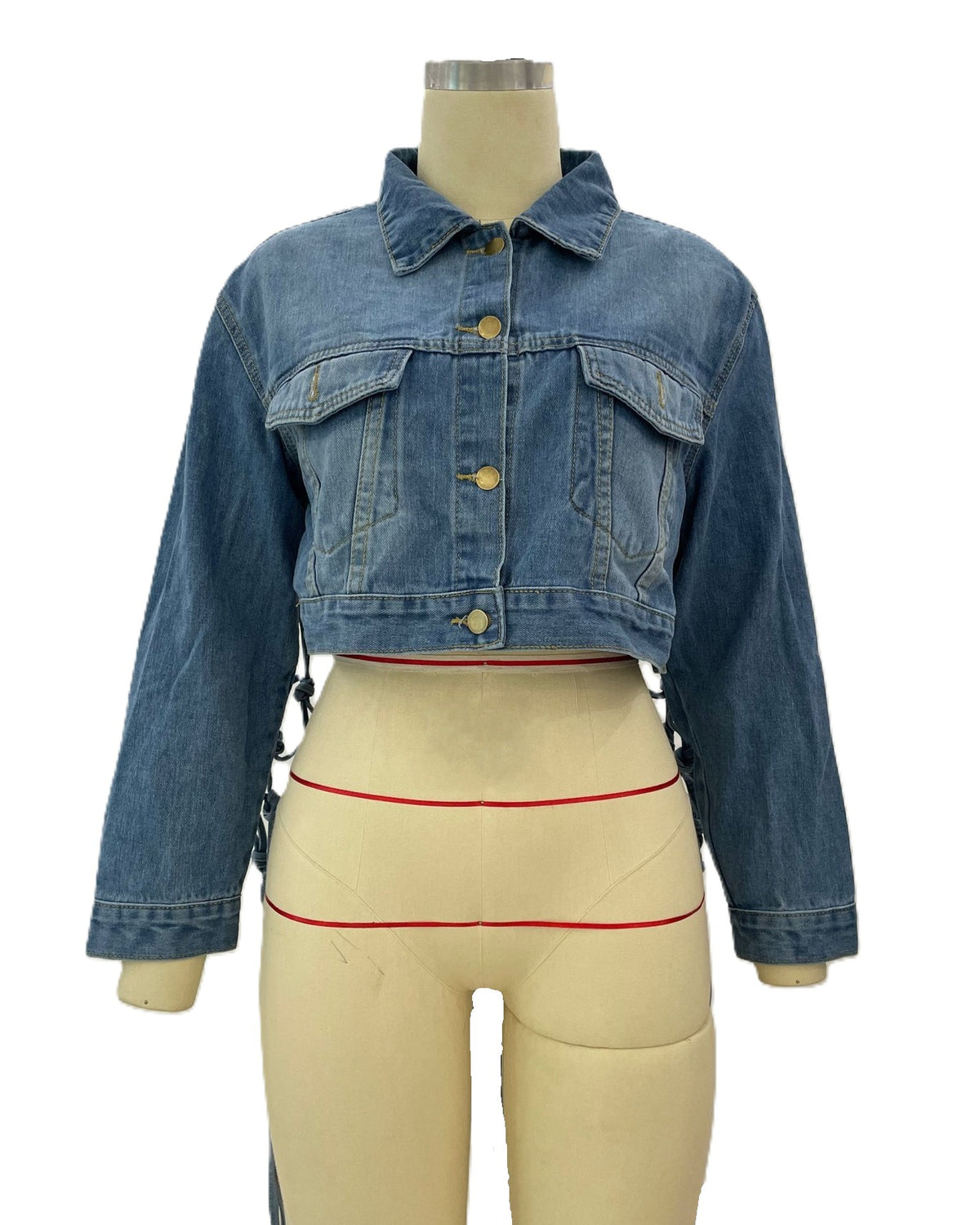 Macrame Fringe Back Cropped Denim Jacket - Blue - 1