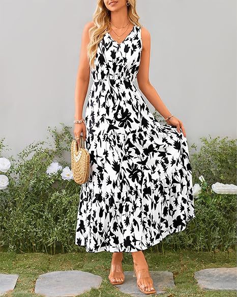 Abstract Print Sleeveless Tiered Maxi Dress - Black