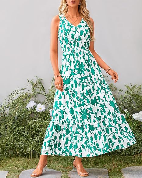 Abstract Print Sleeveless Tiered Maxi Dress - Green
