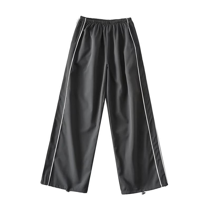 Piped Baggy Wide Leg Athletic Track Pants - Charcoal