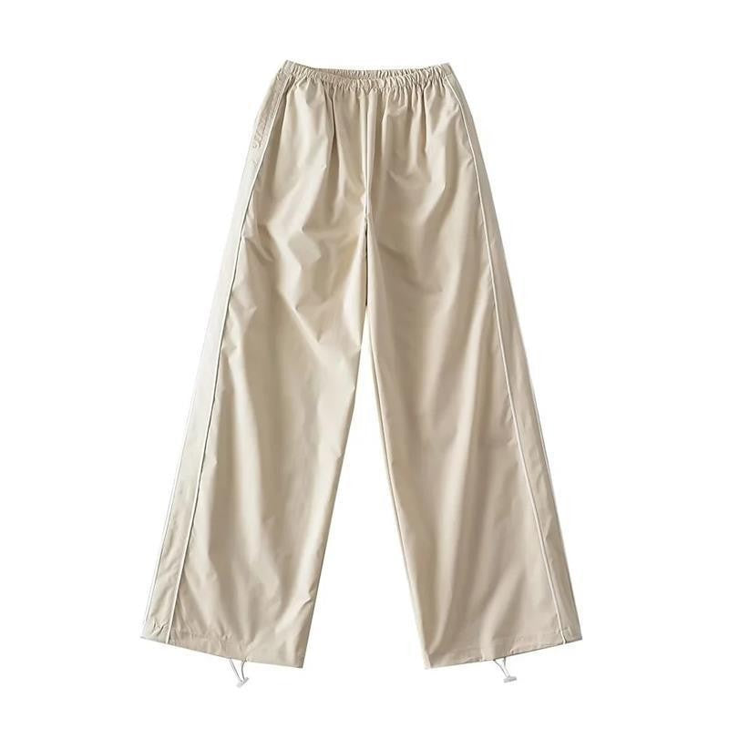 Piped Baggy Wide Leg Athletic Track Pants - Cream