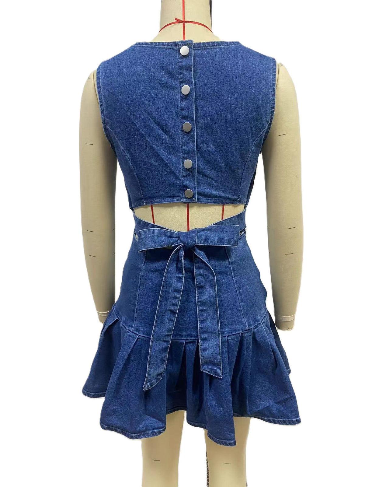 Sleeveless Drop Waist Pleated Denim Dress - Blue - 3